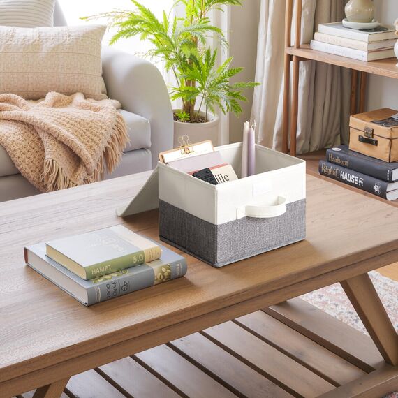 GRANNY SAYS Aufbewahrungsboxen mit Deckel, 2 Stück Kisten Aufbewahrung, Faltbare Aufbewahrungsbox mit Deckel Stoff, Aufbewahrungskörbe für Kleidung, weiß-grau, 25,5 x 20,5 x 17,5cm