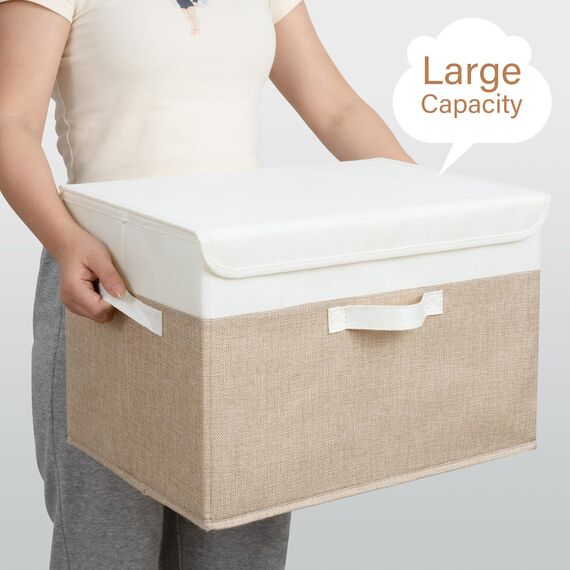 GRANNY SAYS Aufbewahrungsboxen mit Deckel Stoff, 2 Stück Kisten Aufbewahrung groß, Organizer Box mit Deckel, Aufbewahrungskörbe für Kleidung, weiß-braun Faltboxen mit Deckel für Kleiderschrank