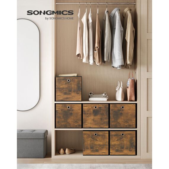 SONGMICS Aufbewahrungsbox, 6er Set, Ordnungsboxen, Oxford-Gewebe, Faltbox, 33 x 33 x 33 cm, Stoffbox, für Würfelregal, Organizer für Kleidung, vintagebraun-schwarz RFB133B01