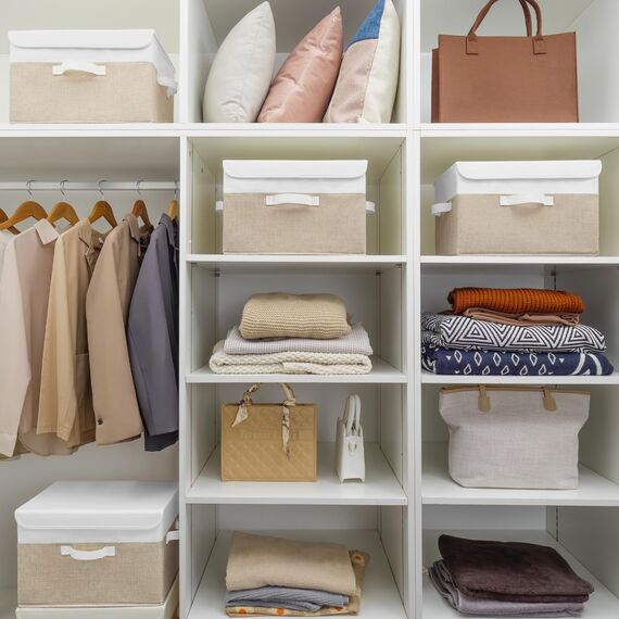 GRANNY SAYS Aufbewahrungsboxen mit Deckel, 2 Stück Kisten Aufbewahrung Stoff, Faltbare Organizer Box mit Deckel, Aufbewahrungskörbe für Kleidung, weiß-braun Faltboxen mit Deckel für Kleiderschrank