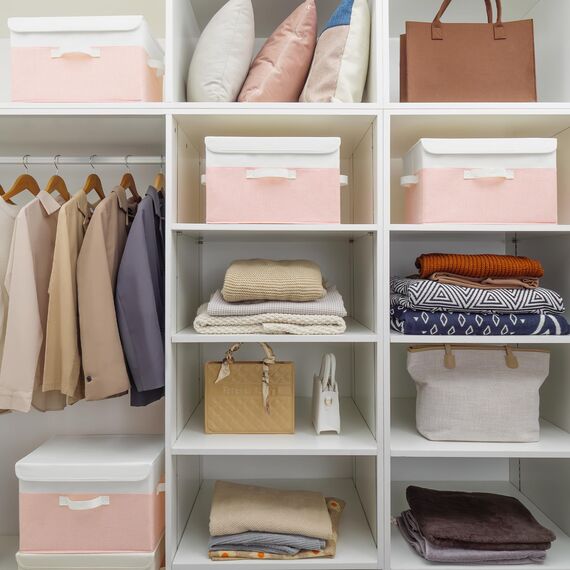 GRANNY SAYS Aufbewahrungsbox Stoff mit Deckel, 2 Stück Kisten Aufbewahrung mit Deckel, Faltbare Ordnungsboxen, Aufbewahrungskörbe für Kleidung, weiß-rosa Faltboxen mit Deckel für Kleiderschrank