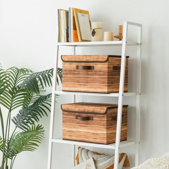 GRANNY SAYS Aufbewahrungsboxen mit Deckel, 2 Stück Kisten Aufbewahrung mit Deckel, Faltbare Ordnungsboxen Stoff, Aufbewahrungskörbe für Kleidung, holzkorn-gelb Faltboxen mit Deckel für Kleiderschrank