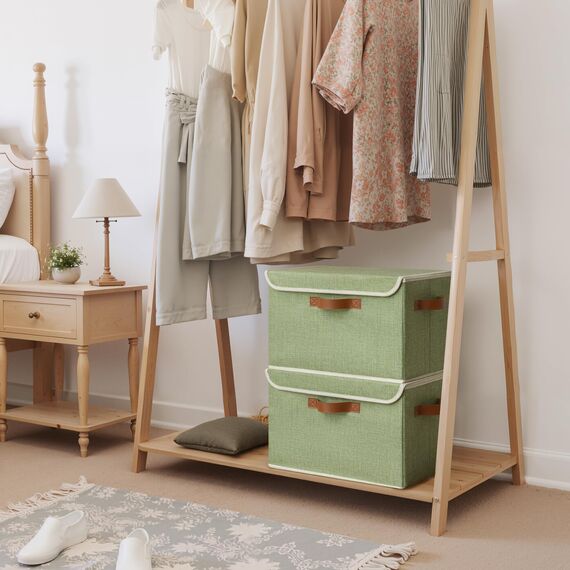GRANNY SAYS Aufbewahrungsboxen mit Deckel, 2 Stück Kisten Aufbewahrung Stoff, Faltbare Organizer Box mit Deckel, Aufbewahrungskörbe für Kleidung, grün Faltboxen mit Deckel für Kleiderschrank