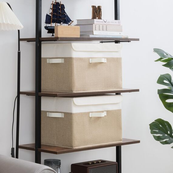 GRANNY SAYS Aufbewahrungsboxen mit Deckel Stoff, 2 Stück Kisten Aufbewahrung groß, Organizer Box mit Deckel, Aufbewahrungskörbe für Kleidung, weiß-braun Faltboxen mit Deckel für Kleiderschrank
