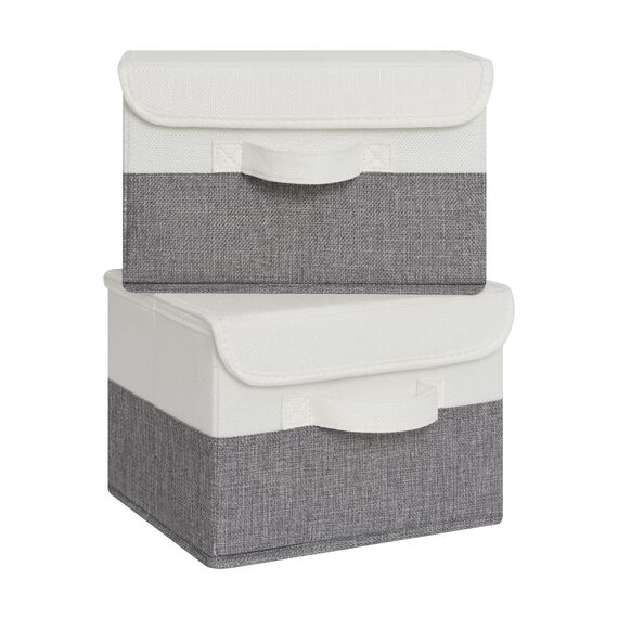 GRANNY SAYS Aufbewahrungsboxen mit Deckel, 2 Stück Kisten Aufbewahrung, Faltbare Aufbewahrungsbox mit Deckel Stoff, Aufbewahrungskörbe für Kleidung, weiß-grau, 25,5 x 20,5 x 17,5cm