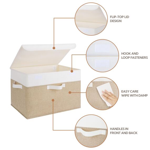 GRANNY SAYS Aufbewahrungsboxen mit Deckel Stoff, 2 Stück Kisten Aufbewahrung groß, Organizer Box mit Deckel, Aufbewahrungskörbe für Kleidung, weiß-braun Faltboxen mit Deckel für Kleiderschrank