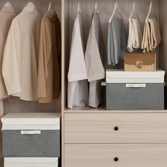 GRANNY SAYS Aufbewahrungsboxen mit Deckel groß, 2 Stück Kisten Aufbewahrung, Aufbewahrungsbox mit Deckel Stoff, Aufbewahrungskörbe für Kleidung, weiß-grau Faltboxen mit Deckel für Kleiderschrank