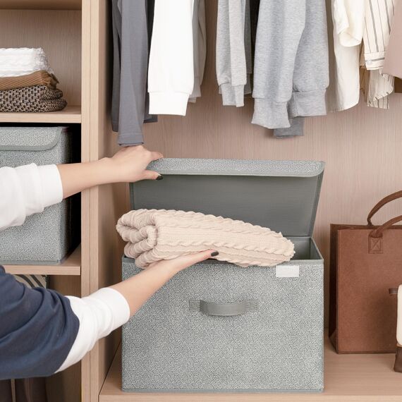 GRANNY SAYS Aufbewahrungsboxen mit Deckel Stoff, 2 Stück Kisten Aufbewahrung groß, Organizer Box mit Deckel, Aufbewahrungskörbe für Kleidung, grau Faltboxen mit Deckel für Kleiderschrank