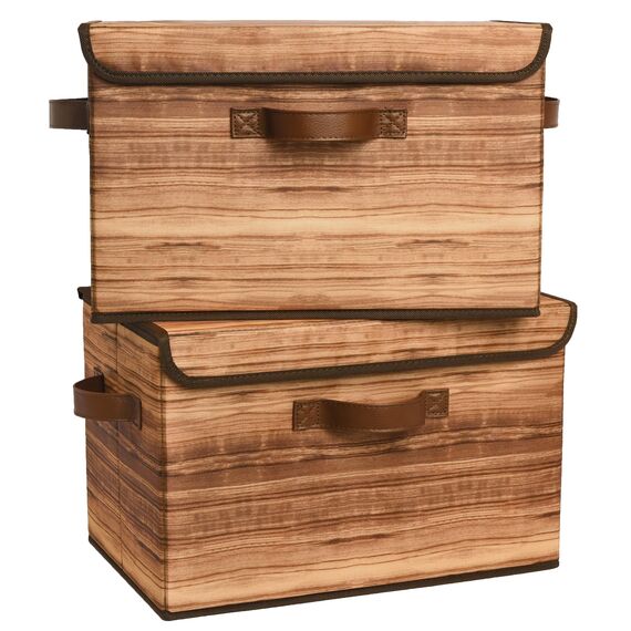 GRANNY SAYS Aufbewahrungsboxen mit Deckel, 2 Stück Kisten Aufbewahrung mit Deckel, Faltbare Ordnungsboxen Stoff, Aufbewahrungskörbe für Kleidung, holzkorn-gelb Faltboxen mit Deckel für Kleiderschrank