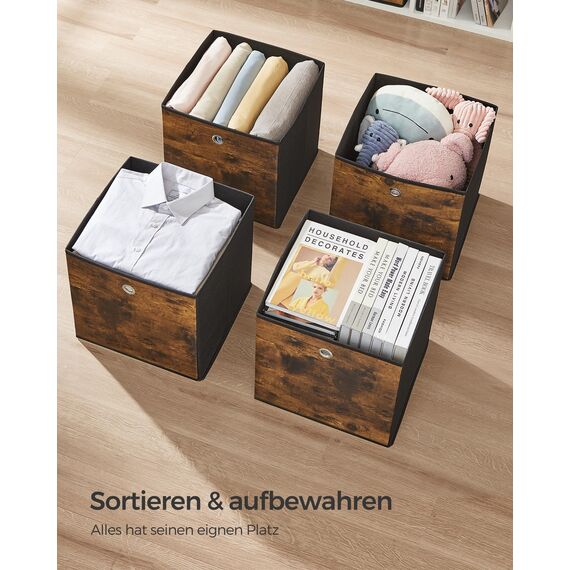SONGMICS Aufbewahrungsbox, 6er Set, Ordnungsboxen, Oxford-Gewebe, Faltbox, 33 x 33 x 33 cm, Stoffbox, für Würfelregal, Organizer für Kleidung, vintagebraun-schwarz RFB133B01