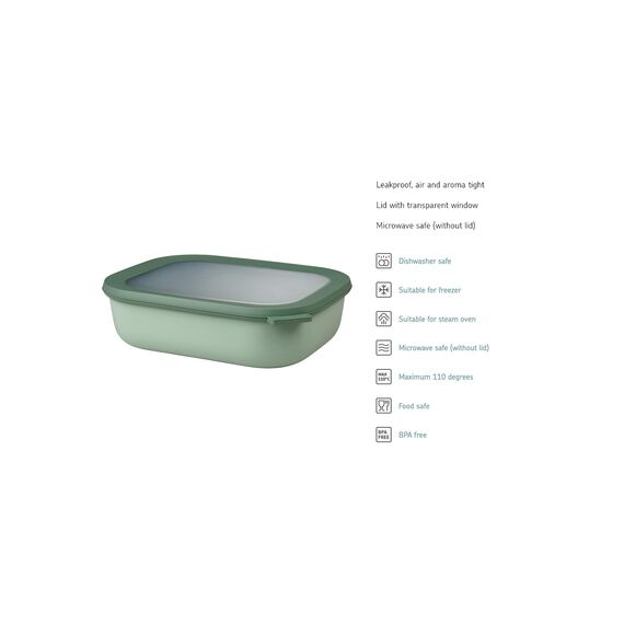 Mepal Multi Bowl Cirqula Rectangular - Mikrowellen Geschir - Geeignet als Luftdichte Aufbewahrungsbox für den Kühlschrank, Mikrowellengeschirr & als Frischhaltedosen - 2000 ml - Nordic sage