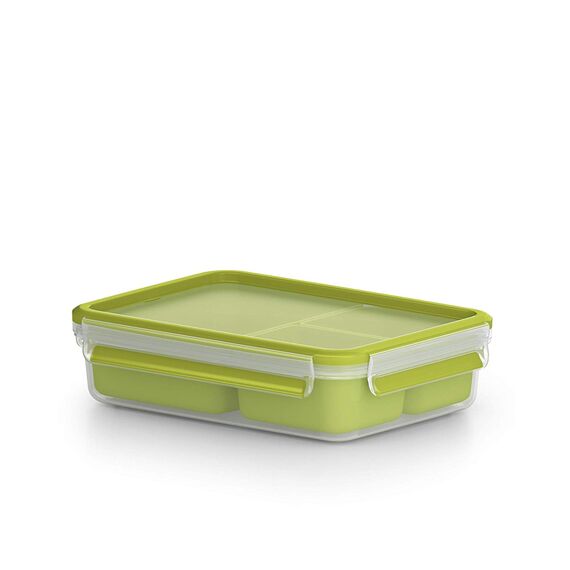 Emsa Clip & Go Lunchbox, 1,2 L, Brotdose mit 3 praktischen Einsätzen und Deckel, 100 Prozent dicht, mit Frischedichtung, Transparent, Hellgrün, Made in Germany, 518100