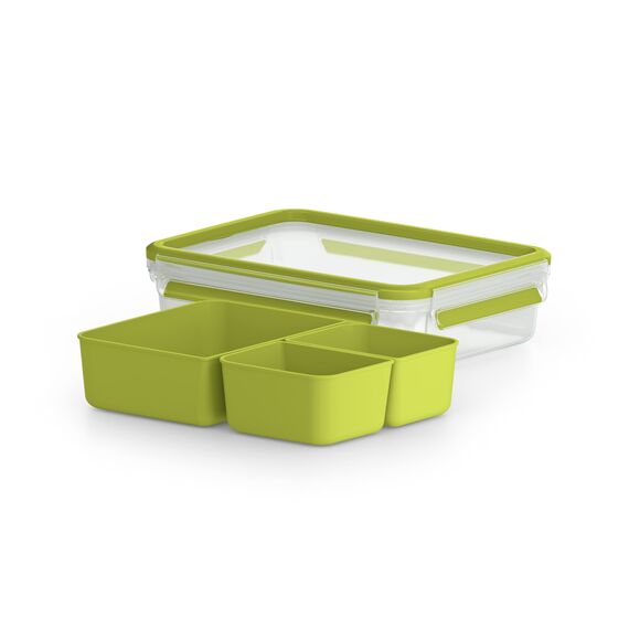 Emsa Clip & Go Lunchbox, 1,2 L, Brotdose mit 3 praktischen Einsätzen und Deckel, 100 Prozent dicht, mit Frischedichtung, Transparent, Hellgrün, Made in Germany, 518100