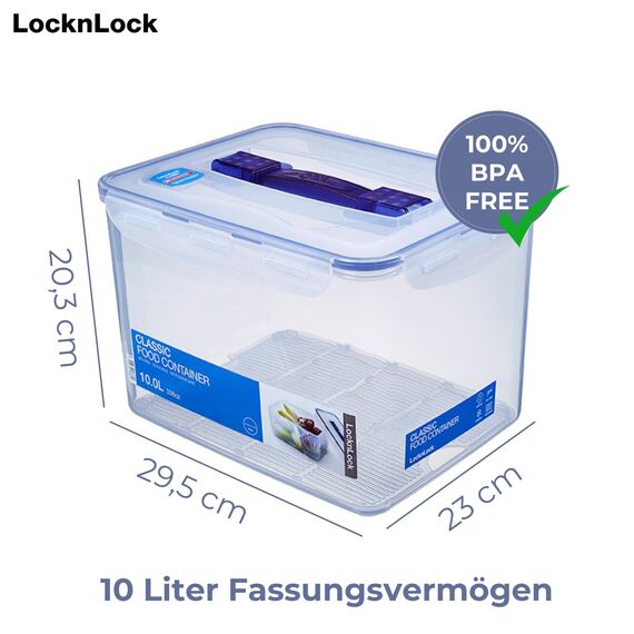 LocknLock PP Classic Aufbewahrungsbox luftdicht mit Griff & Ablaufgitter| 10L | 29,5 x 23 x 20,3 cm | 100 % luft- und wasserdichter Vorratsbehälter mit Deckel | Gefrierfeste Aufbewahrungsdose