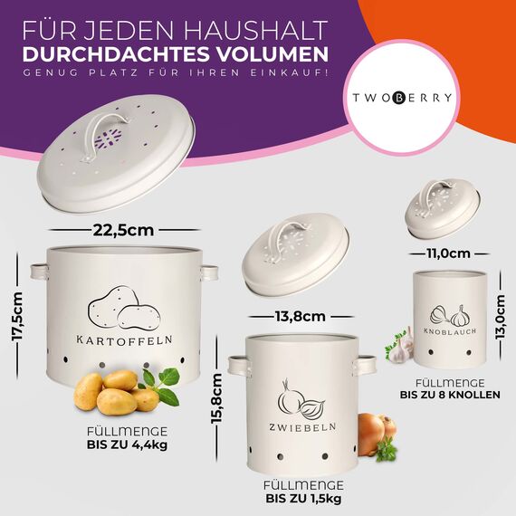TWOBERRY Kartoffel Aufbewahrungsbox [3er Set] inkl. Sparschäler- längere Haltbarkeit durch 360° Luftzirkulation-ideale Zwiebel Aufbewahrung Kartoffel Aufbewahrung & Knoblauch Aufbewahrun (Weiß)