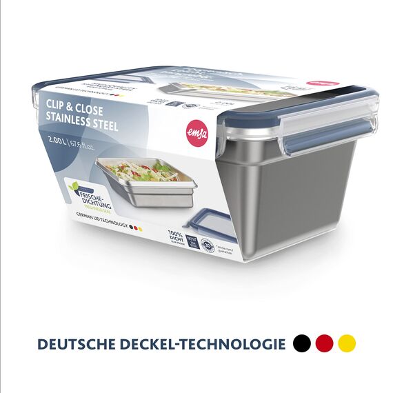Emsa Clip & Close auslaufsichere Edelstahl-Frischhaltedose, 2 Liter Fassungsvermögen, rechteckig, spülmaschinenfest, backofenfest, N1150600