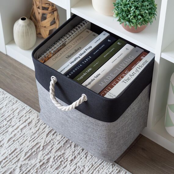 OrganiHaus Aufbewahrungsbox 33x33cm 4er-Set, Würfelkörbe aus Stoff mit Seilgriffen, Faltbare Aufbewahrungswürfel für Kallax Organizer, Ablagekörbe für das Kinderzimmer Grau schwarz