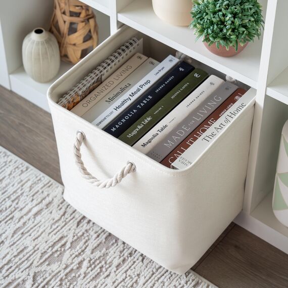 OrganiHaus Aufbewahrungsbox 33x33cm 4er-Set, Würfelkörbe aus Stoff mit Seilgriffen, Faltbare Aufbewahrungswürfel für Kallax Organizer, Ablagekörbe für das Kinderzimmer Elfenbeinweiß