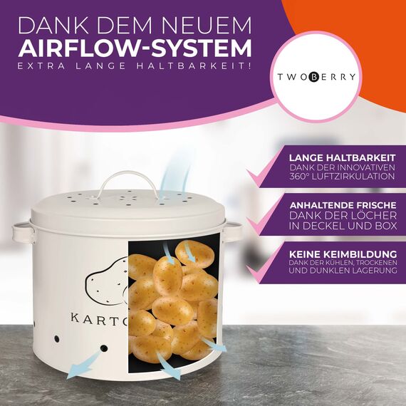 TWOBERRY Kartoffel Aufbewahrungsbox [3er Set] inkl. Sparschäler- längere Haltbarkeit durch 360° Luftzirkulation-ideale Zwiebel Aufbewahrung Kartoffel Aufbewahrung & Knoblauch Aufbewahrun (Weiß)