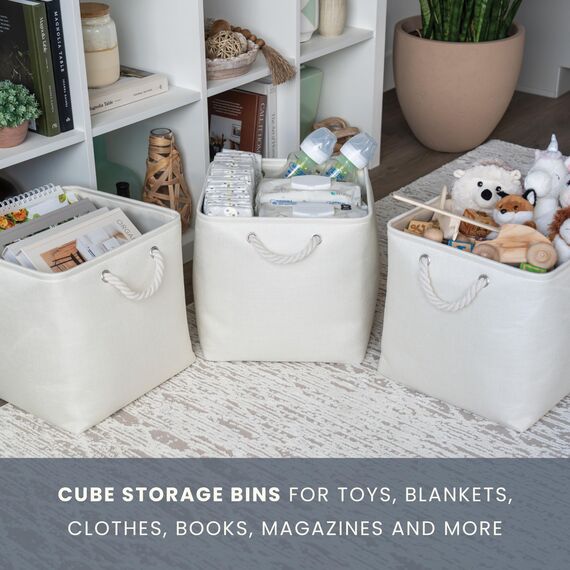 OrganiHaus Aufbewahrungsbox 33x33cm 4er-Set, Würfelkörbe aus Stoff mit Seilgriffen, Faltbare Aufbewahrungswürfel für Kallax Organizer, Ablagekörbe für das Kinderzimmer Elfenbeinweiß