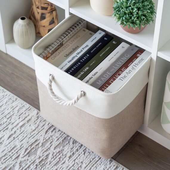 OrganiHaus Aufbewahrungsbox 33x33x33 cm 4er-Set, Aufbewahrungsbox Stoff, Kallax Boxen, Faltbare Regalkorb, Ablagekörbe für das Kinderzimmer, Körbe für Kallax, Aufbewahrungswürfel Beige/Weiß