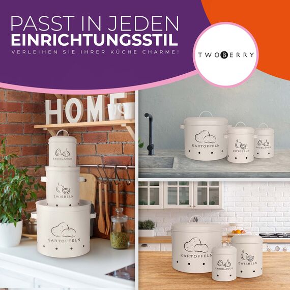 TWOBERRY Kartoffel Aufbewahrungsbox [3er Set] inkl. Sparschäler- längere Haltbarkeit durch 360° Luftzirkulation-ideale Zwiebel Aufbewahrung Kartoffel Aufbewahrung & Knoblauch Aufbewahrun (Weiß)
