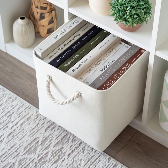 OrganiHaus Aufbewahrungsbox 30x30cm 3er-Set, Würfelkörbe aus Stoff mit Seilgriffen, Faltbare Aufbewahrungswürfel für Kallax Organizer, Ablagekörbe für das Kinderzimmer Elfenbeinweiß