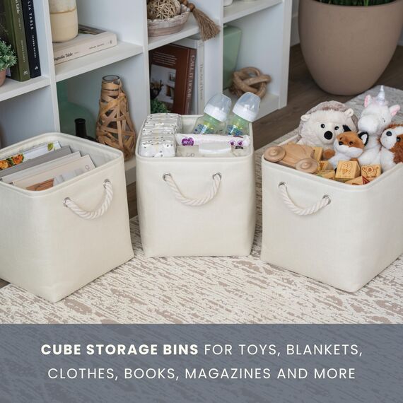 OrganiHaus Aufbewahrungsbox 30x30cm 3er-Set, Würfelkörbe aus Stoff mit Seilgriffen, Faltbare Aufbewahrungswürfel für Kallax Organizer, Ablagekörbe für das Kinderzimmer Elfenbeinweiß