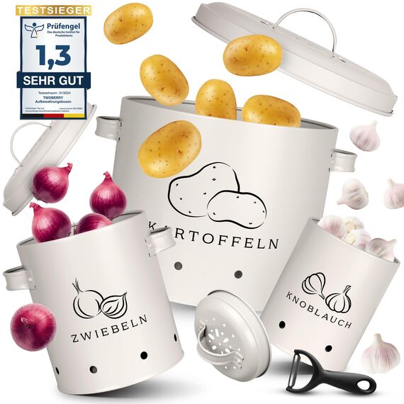TWOBERRY Kartoffel Aufbewahrungsbox [3er Set] inkl. Sparschäler- längere Haltbarkeit durch 360° Luftzirkulation-ideale Zwiebel Aufbewahrung Kartoffel Aufbewahrung & Knoblauch Aufbewahrun (Weiß)