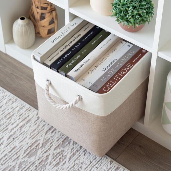 OrganiHaus Aufbewahrungsbox 30x30cm 3er-Set, Würfelkörbe aus Stoff mit Seilgriffen, Faltbare Aufbewahrungswürfel für Kallax Organizer, Ablagekörbe für das Kinderzimmer Beige/Weiß