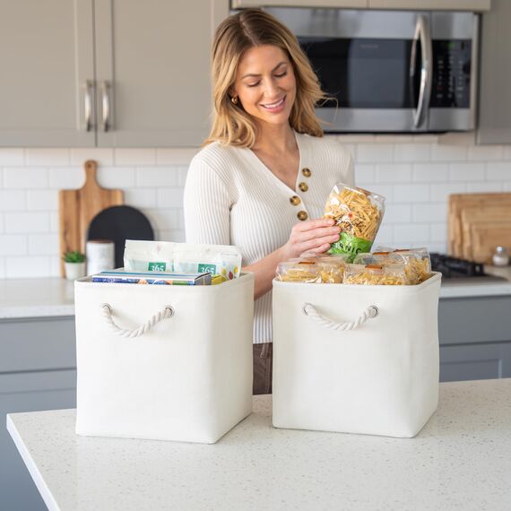 OrganiHaus Aufbewahrungsbox 30x30cm 3er-Set, Würfelkörbe aus Stoff mit Seilgriffen, Faltbare Aufbewahrungswürfel für Kallax Organizer, Ablagekörbe für das Kinderzimmer Elfenbeinweiß