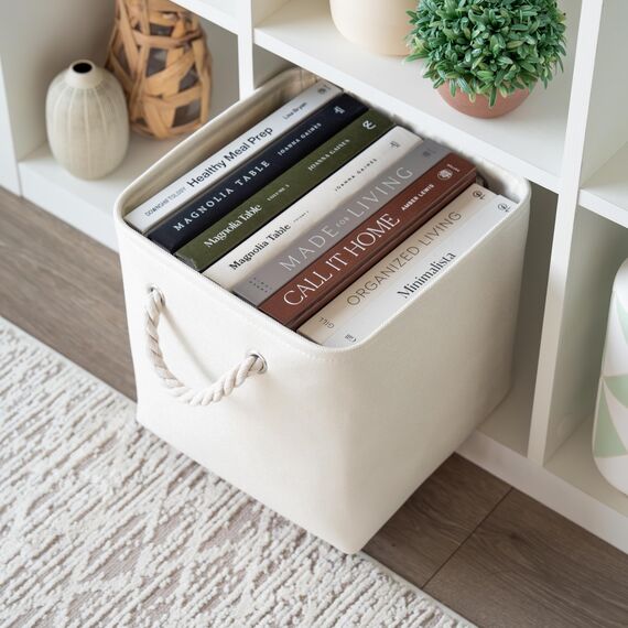 OrganiHaus Aufbewahrungsbox 28x28cm 3er-Set, Würfelkörbe aus Stoff mit Seilgriffen, Faltbare Aufbewahrungswürfel für Kallax Organizer, Ablagekörbe für das Kinderzimmer Elfenbeinweiß