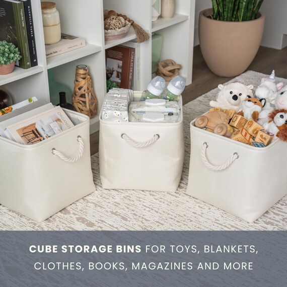 OrganiHaus Aufbewahrungsbox 28x28cm 4er-Set, Würfelkörbe aus Stoff mit Seilgriffen, Faltbare Aufbewahrungswürfel für Kallax Organizer, Ablagekörbe für das Kinderzimmer Elfenbeinweiß