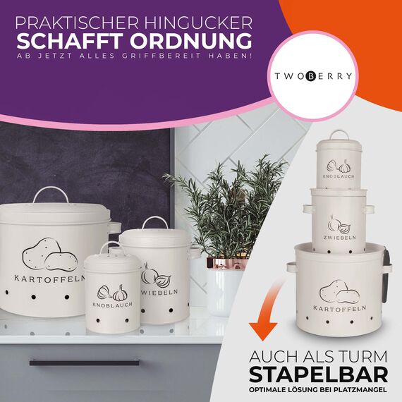 TWOBERRY Kartoffel Aufbewahrungsbox [3er Set] inkl. Sparschäler- längere Haltbarkeit durch 360° Luftzirkulation-ideale Zwiebel Aufbewahrung Kartoffel Aufbewahrung & Knoblauch Aufbewahrun (Weiß)