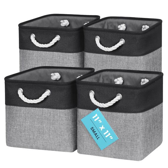 OrganiHaus Aufbewahrungsbox 28x28cm 4er-Set, Würfelkörbe aus Stoff mit Seilgriffen, Faltbare Aufbewahrungswürfel für Kallax Organizer, Ablagekörbe für das Kinderzimmer Grau schwarz