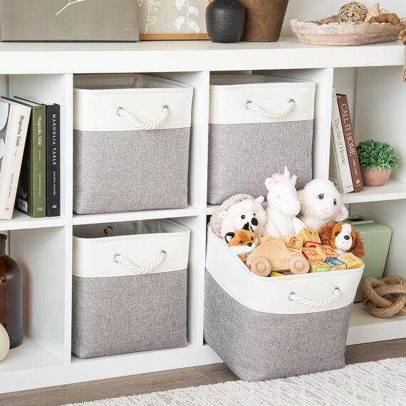 OrganiHaus Aufbewahrungsbox 30x30cm 4er-Set, Würfelkörbe aus Stoff mit Seilgriffen, Faltbare Aufbewahrungswürfel für Kallax Organizer, Ablagekörbe für das Kinderzimmer Grau/Weiß