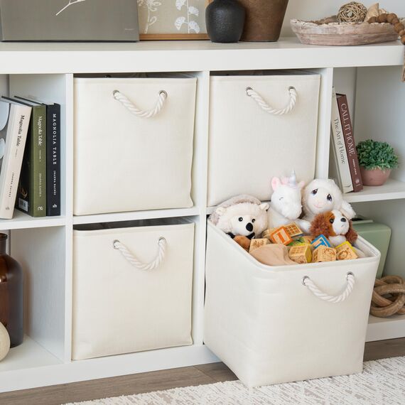 OrganiHaus Aufbewahrungsbox 33x33cm 3er-Set, Würfelkörbe aus Stoff mit Seilgriffen, Faltbare Aufbewahrungswürfel für Kallax Organizer, Ablagekörbe für das Kinderzimmer Elfenbeinweiß