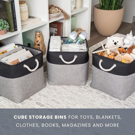 OrganiHaus Aufbewahrungsbox 33x33cm 4er-Set, Würfelkörbe aus Stoff mit Seilgriffen, Faltbare Aufbewahrungswürfel für Kallax Organizer, Ablagekörbe für das Kinderzimmer Grau schwarz