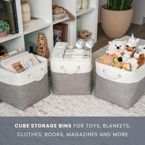 OrganiHaus Aufbewahrungsbox 28x28cm 3er-Set, Würfelkörbe aus Stoff mit Seilgriffen, Faltbare Aufbewahrungswürfel für Kallax Organizer, Ablagekörbe für das Kinderzimmer Grau/Weiß