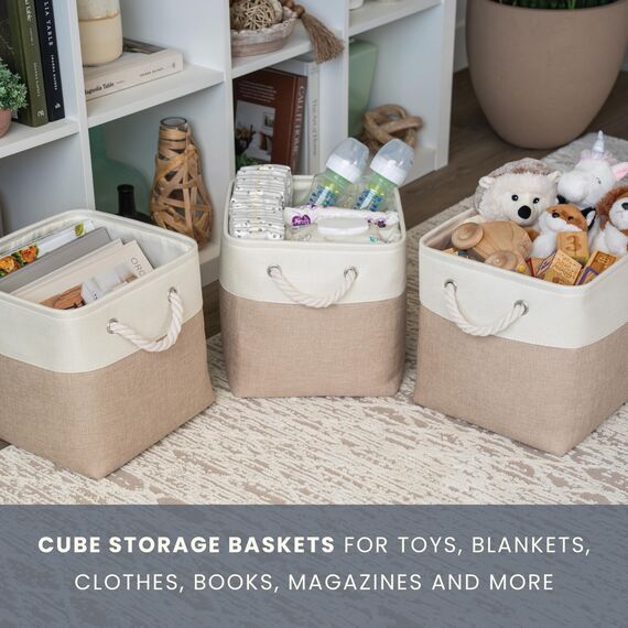 OrganiHaus Aufbewahrungsbox 30x30x30 cm 4er-Set, Stoffwürfel Regalkörbe, Aufbewahrungsbox Stoff, Ablagekörbe für das Kinderzimmer, Faltbox 30x30, Körbe für Kallax, Kisten für Kallax Regal Beige/Weiß
