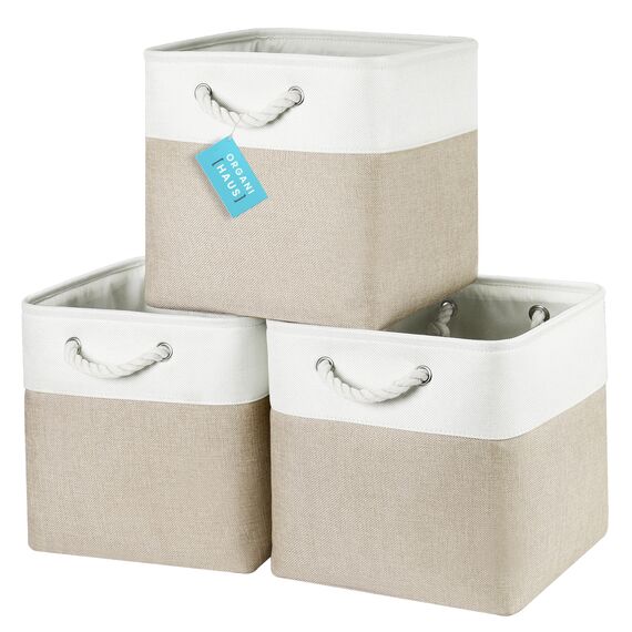 OrganiHaus Aufbewahrungsbox 30x30cm 3er-Set, Würfelkörbe aus Stoff mit Seilgriffen, Faltbare Aufbewahrungswürfel für Kallax Organizer, Ablagekörbe für das Kinderzimmer Beige/Weiß