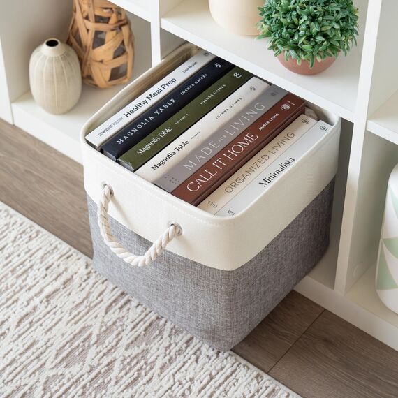 OrganiHaus Aufbewahrungsbox 28x28cm 4er-Set, Würfelkörbe aus Stoff mit Seilgriffen, Faltbare Aufbewahrungswürfel für Kallax Organizer, Ablagekörbe für das Kinderzimmer Grau/Weiß