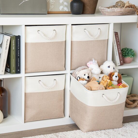 OrganiHaus Aufbewahrungsbox 33x33cm 3er-Set, Würfelkörbe aus Stoff mit Seilgriffen, Faltbare Aufbewahrungswürfel für Kallax Organizer, Ablagekörbe für das Kinderzimmer Beige/Weiß