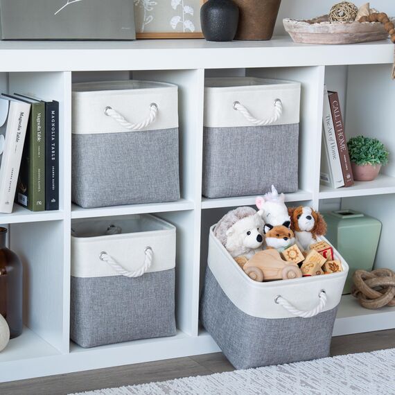 OrganiHaus Aufbewahrungsbox 28x28cm 3er-Set, Würfelkörbe aus Stoff mit Seilgriffen, Faltbare Aufbewahrungswürfel für Kallax Organizer, Ablagekörbe für das Kinderzimmer Grau/Weiß