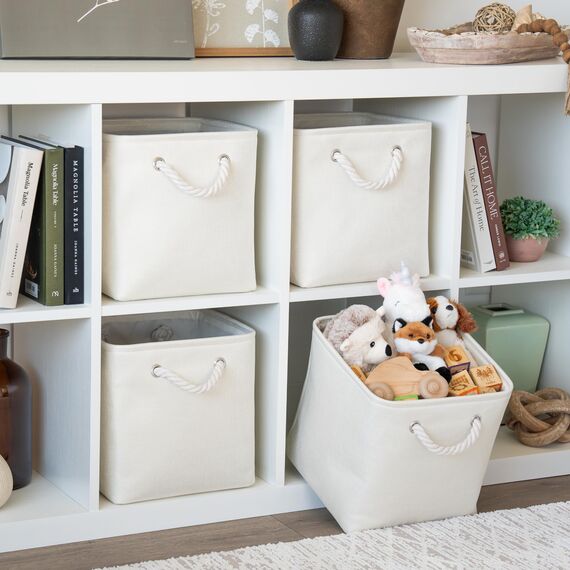 OrganiHaus Aufbewahrungsbox 28x28cm 3er-Set, Würfelkörbe aus Stoff mit Seilgriffen, Faltbare Aufbewahrungswürfel für Kallax Organizer, Ablagekörbe für das Kinderzimmer Elfenbeinweiß