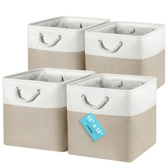 OrganiHaus Aufbewahrungsbox 33x33x33 cm 4er-Set, Aufbewahrungsbox Stoff, Kallax Boxen, Faltbare Regalkorb, Ablagekörbe für das Kinderzimmer, Körbe für Kallax, Aufbewahrungswürfel Beige/Weiß