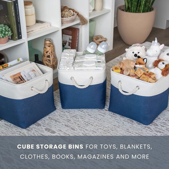 OrganiHaus Aufbewahrungsbox 28x28cm 3er-Set, Würfelkörbe aus Stoff mit Seilgriffen, Faltbare Aufbewahrungswürfel für Kallax Organizer, Ablagekörbe für das Kinderzimmer Navy blau