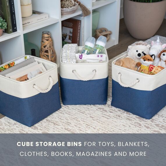 OrganiHaus Aufbewahrungsbox 30x30cm 4er-Set, Würfelkörbe aus Stoff mit Seilgriffen, Faltbare Aufbewahrungswürfel für Kallax Organizer, Ablagekörbe für das Kinderzimmer Navy blau