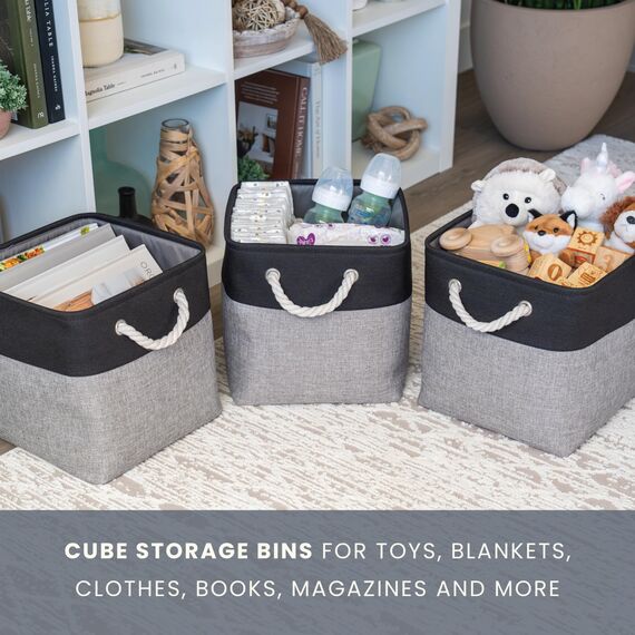 OrganiHaus Aufbewahrungsbox 30x30cm 4er-Set, Würfelkörbe aus Stoff mit Seilgriffen, Faltbare Aufbewahrungswürfel für Kallax Organizer, Ablagekörbe für das Kinderzimmer Grau schwarz