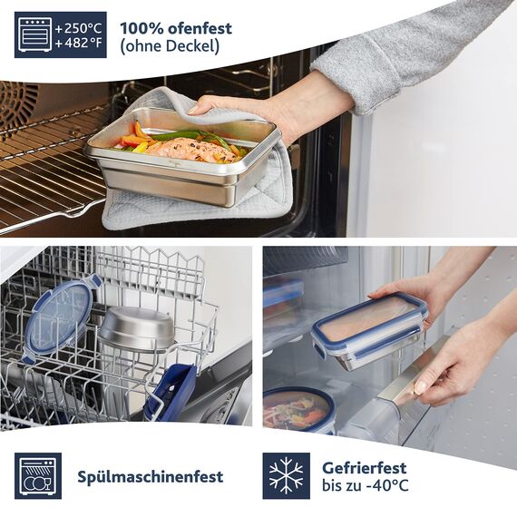 Emsa Clip & Close auslaufsichere Edelstahl-Frischhaltedose, 2 Liter Fassungsvermögen, rechteckig, spülmaschinenfest, backofenfest, N1150600